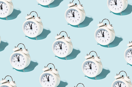 Pattern made of white alarm clocks featuring clock, alarm, and pattern, an Arts & Entertainment Photo by Olga_Z