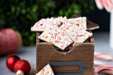 Homemade peppermint bark, white and dark chocolate with crushed candy canes