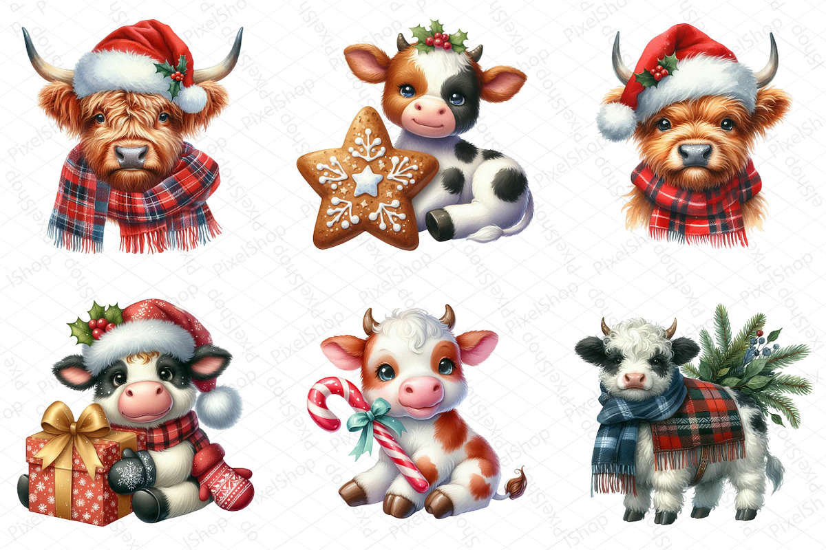 Christmas Highland Cow Clipart PNG, an Illustration by DreamPrint404 (Photo 2 of 4)