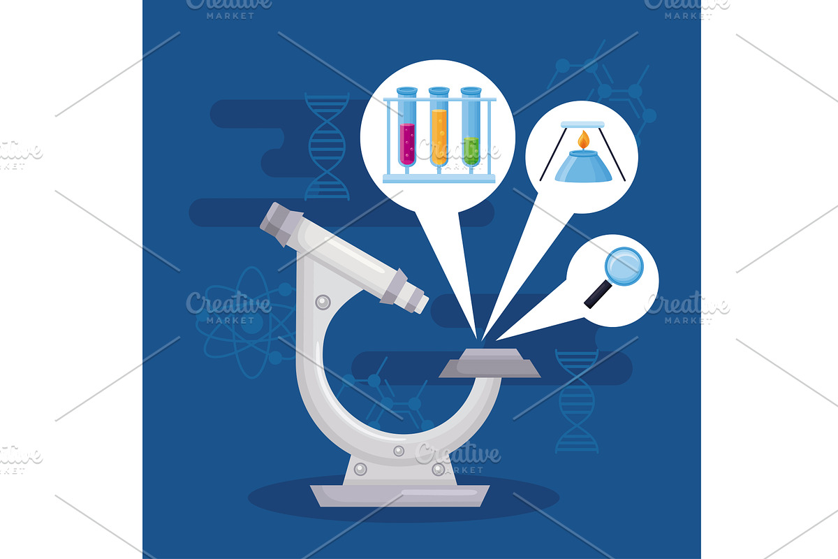 microscope with chemestry icons, an Illustration by studiogstock