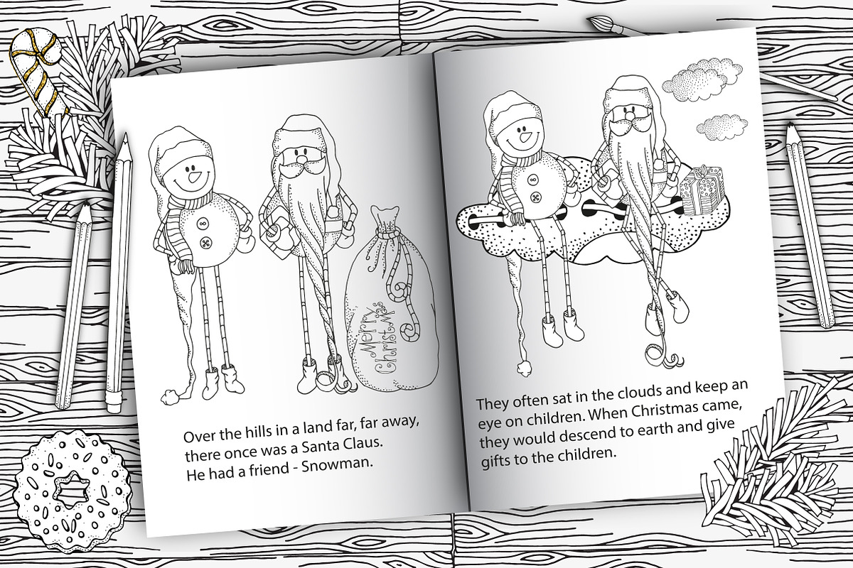 Santa and Snowman. Coloring book, an Illustration by ImHope (Photo 2 of 8)