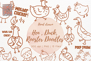 Hen, Duck & Rooster Line Art Doodles