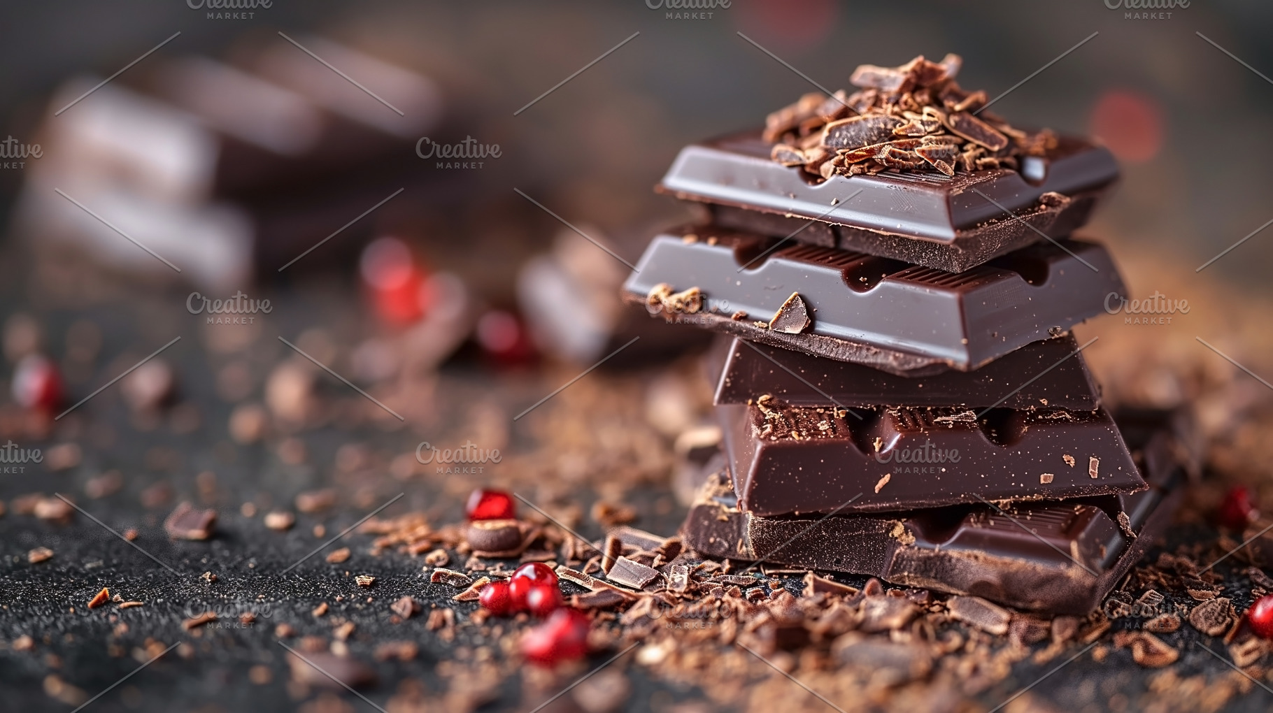 Close-up of rich dark chocolate pieces stacked on a textured sur, a Food & Drink Photo by ImageMir