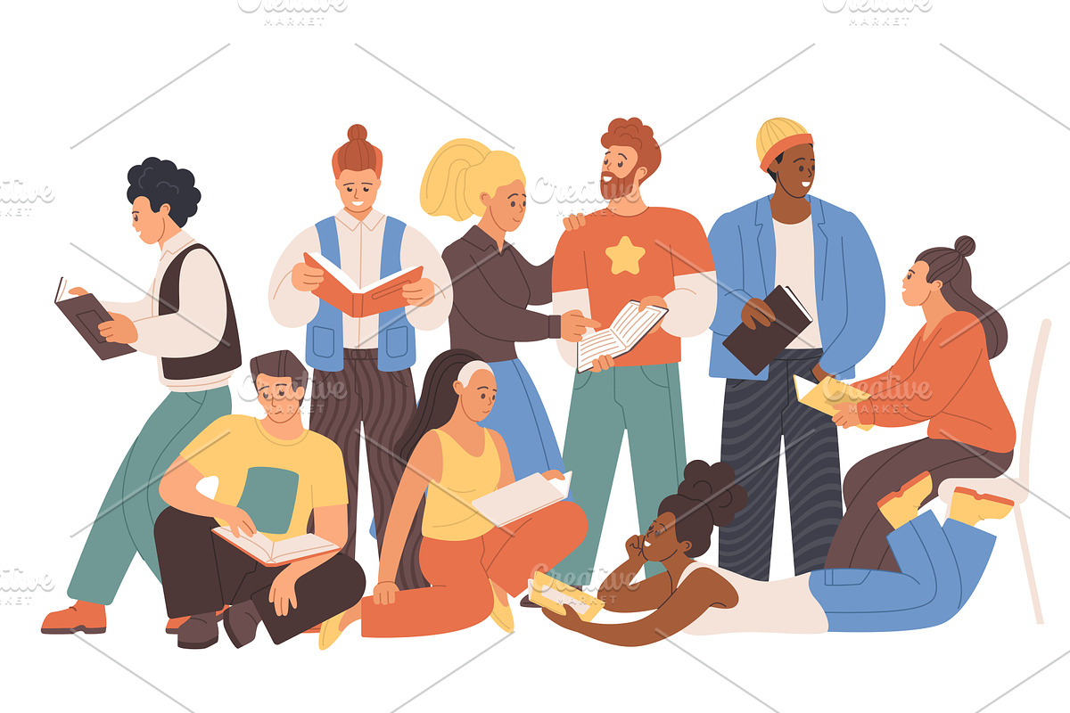 Young people group reading books, an Education Illustration by Lemberg Vector