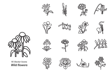 Wild flowers outline vector icons