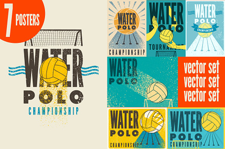 Water Polo retro vector poster set., a Sport Illustration by PoPaShop