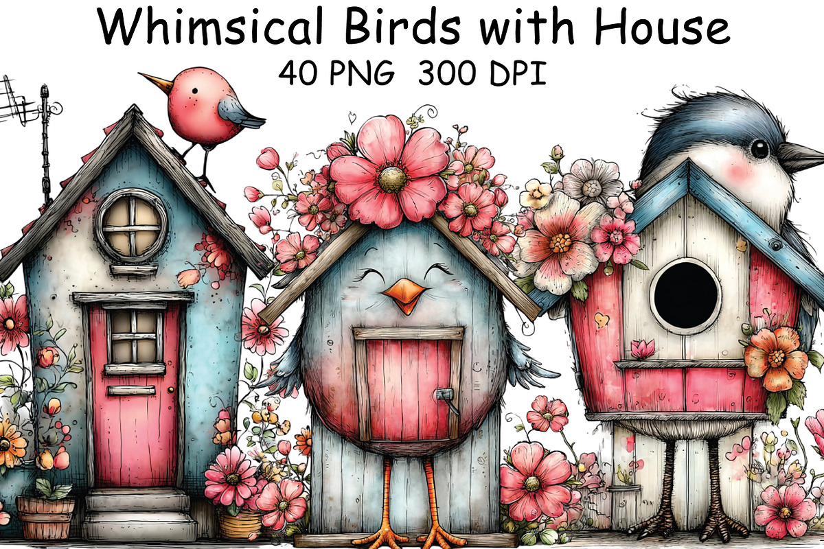Whimsical Birds with House Clipart, an Illustration by CraftArtStudio (Photo 1 of 6)