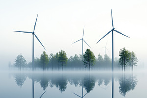 A serene landscape featuring wind turbines amidst a foggy forest. The scene ref, a Technology Photo by Textures & Backgrounds