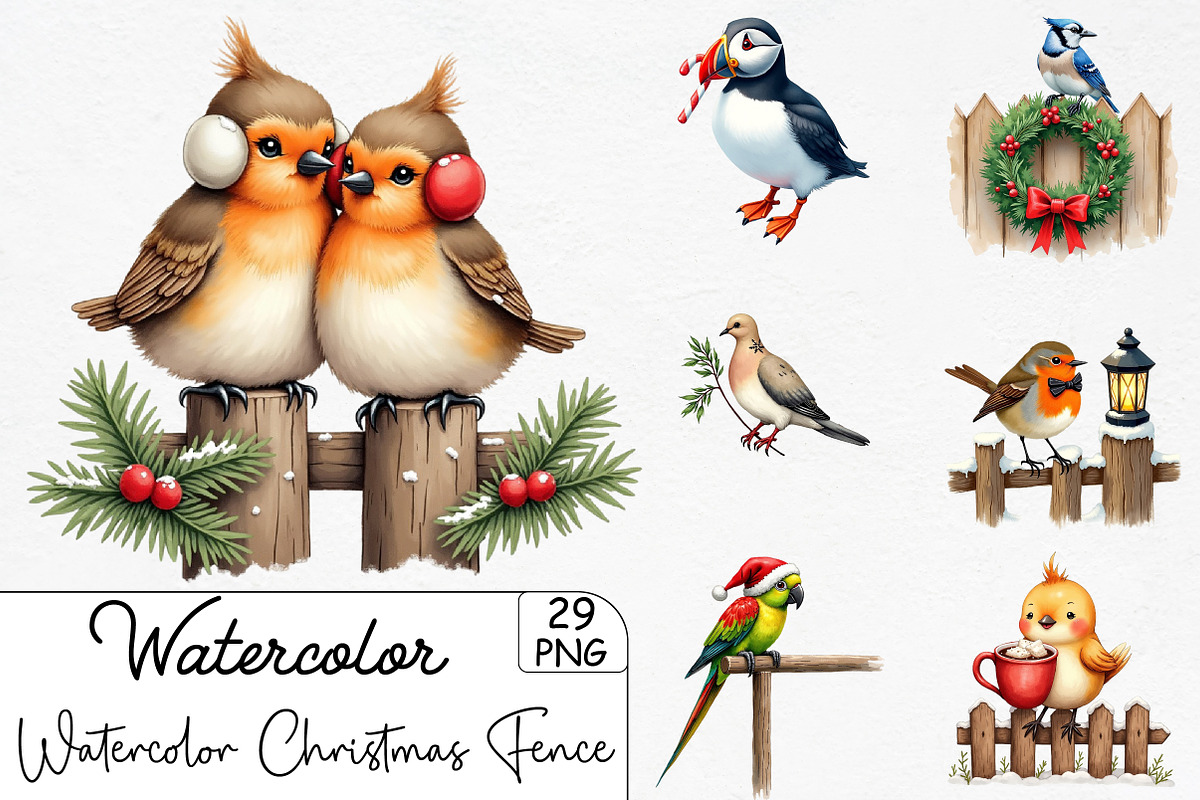 Watercolor Christmas Bird on Fence C, an Illustration by CrexoraLab (Photo 1 of 5)