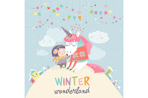 Cute Girl Hugging Unicorn. Winter Wonderland