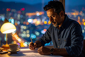 Architect sketching blueprint at nighttime, a Business Photo by DanFLCreativo