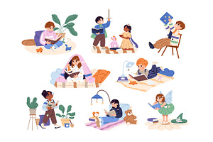 Cute kids reading paper books set, a Person Illustration by PaperTrident