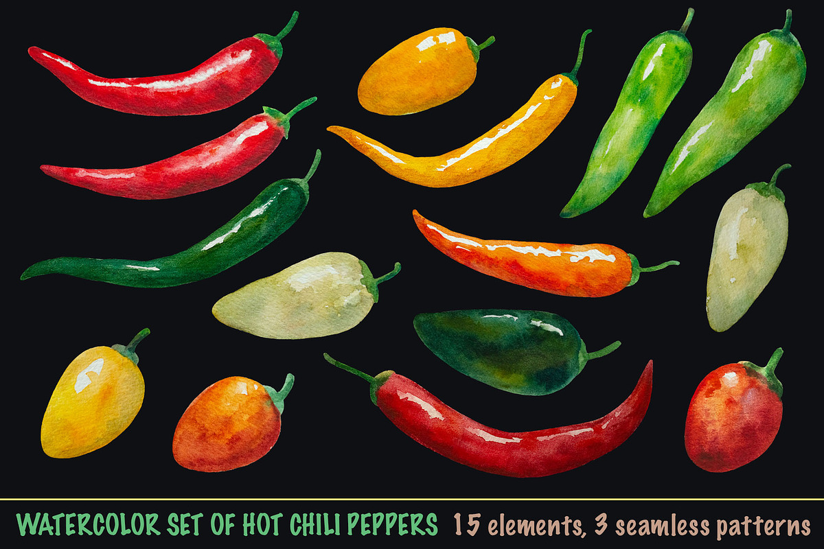 Watercolor set of hot chili peppers, a Food Illustration by Robusta (Photo 1 of 6)