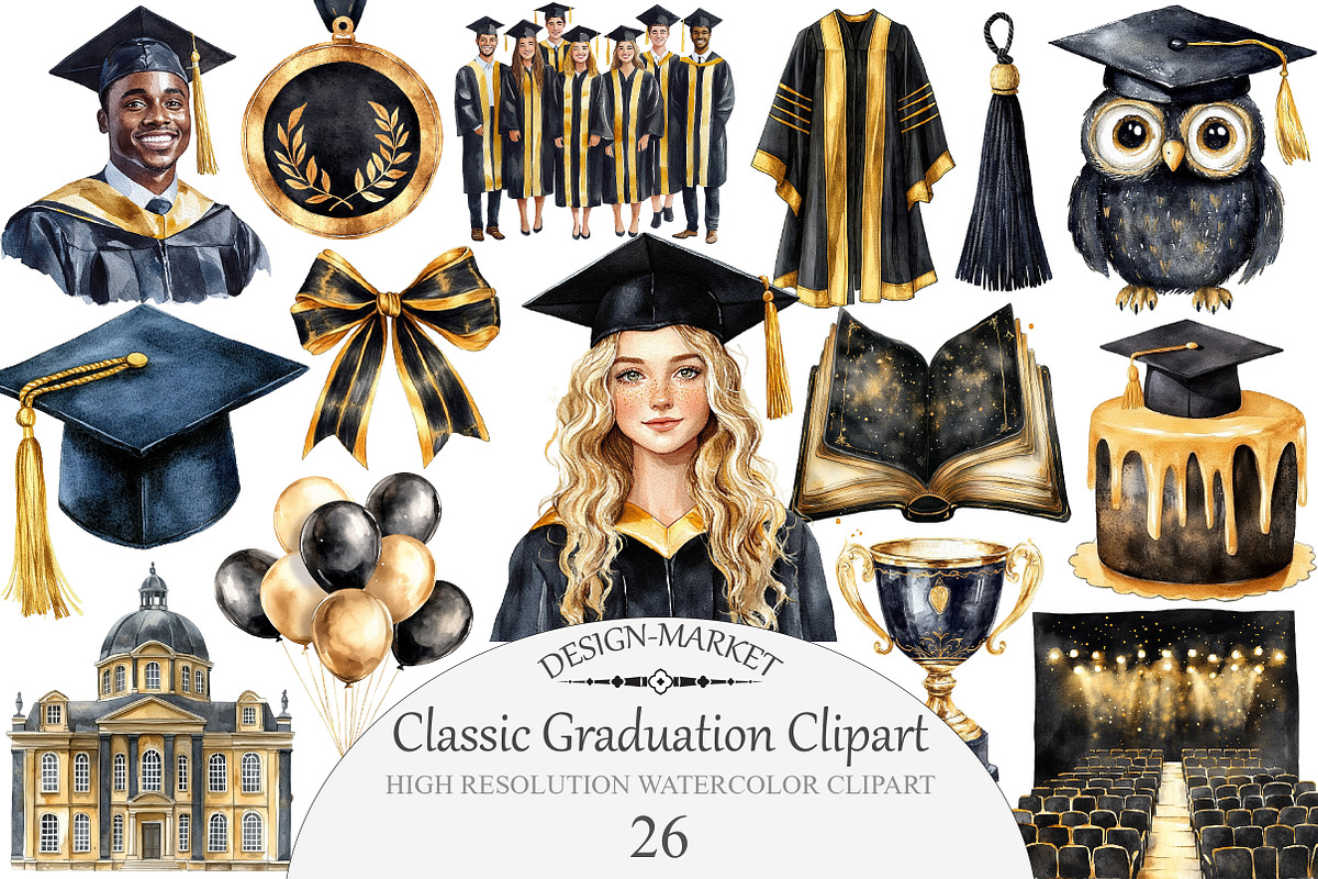 Watercolor Classic Graduation Clipar, an Illustration by Design Market (Photo 1 of 3)