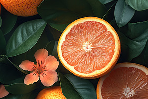 Fresh oranges and green leaves with flowers, showcasing vibrant colors from nat, a Food & Drink Photo by AlyaAnd