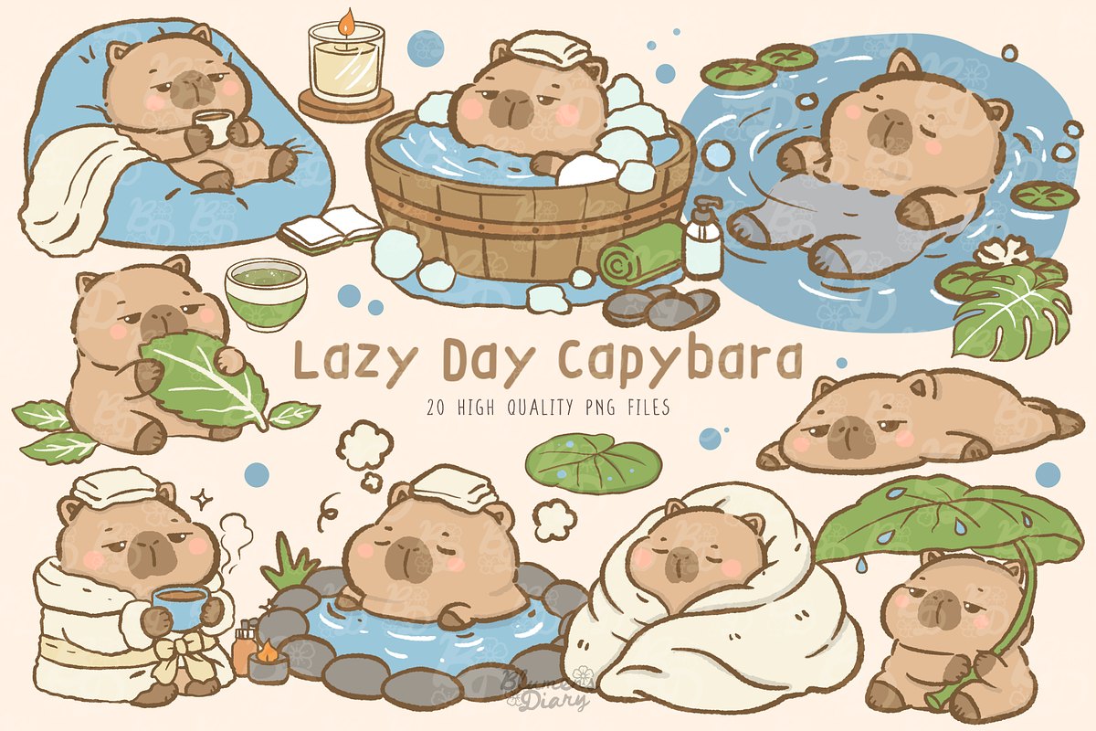 Lazy Day Capybara Clipart Set, an Animal Illustration by Blumensdiary (Photo 1 of 6)