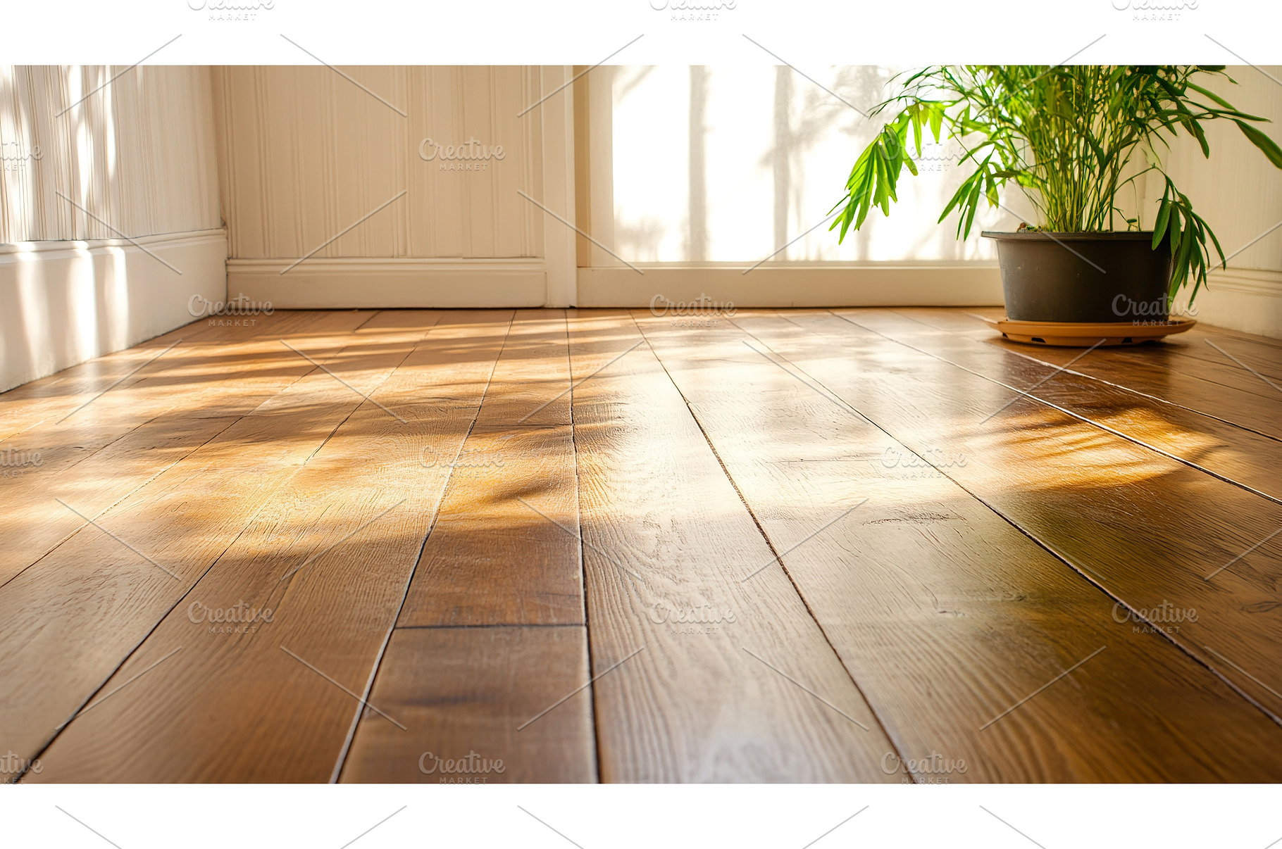 Sunlit wooden floor and green plant, an Architecture Photo by Lermont51