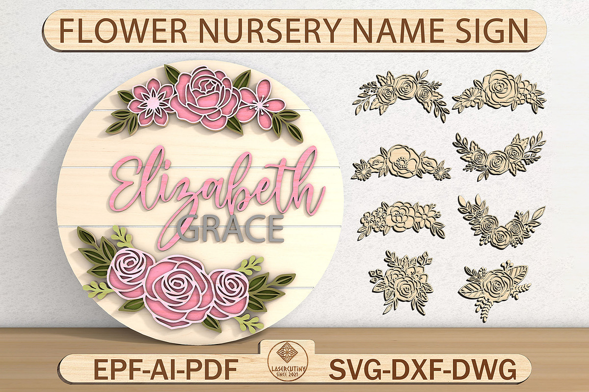 3D Flower Nursery Name Sign Svg, a Pattern Graphic by Lasercutiny (Photo 1 of 2)