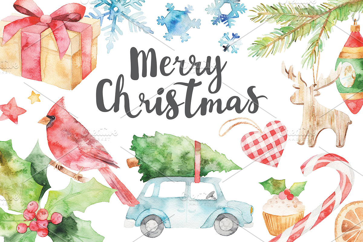 watercolor Merry Christmas set, a Decorative Illustration by artnLera (Photo 1 of 2)