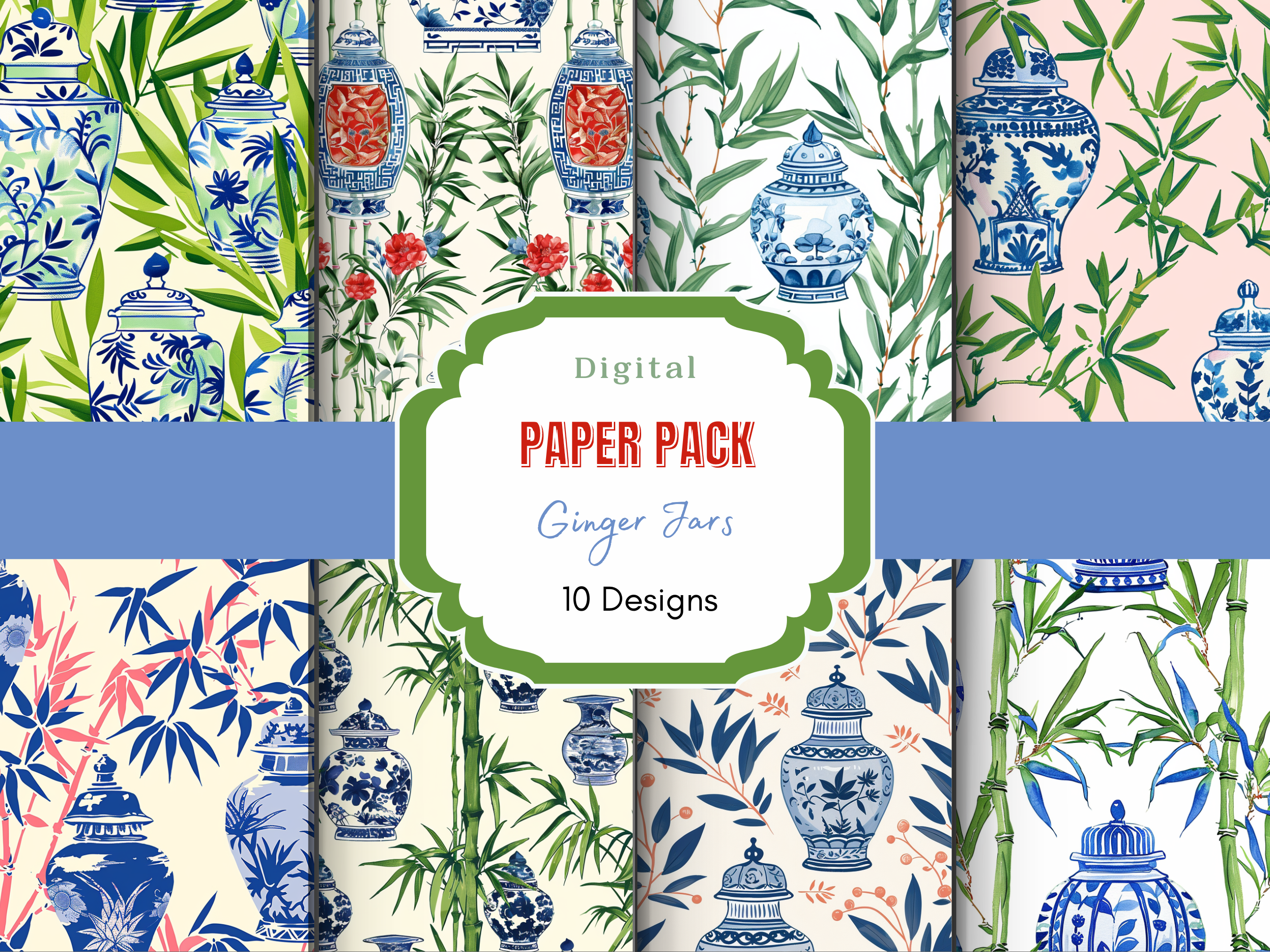 Ginger Jar Bamboo Digital Paper, a Decorative Illustration by Paper ...