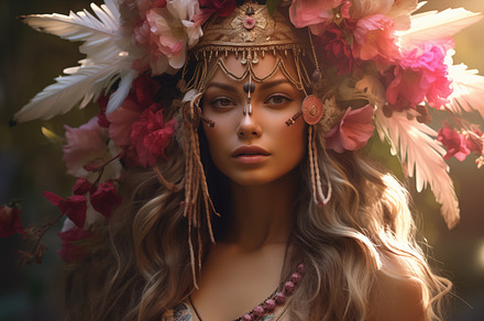 A portrait of a bohemian woman adorned with a floral headdress, featuring vibra, a Beauty & Fashion Photo by Textures & Backgrounds