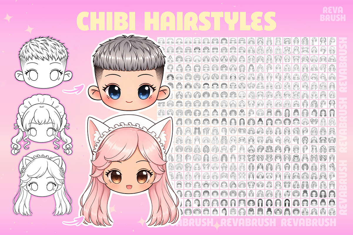 Procreate Chibi Hairstyles brushes, a Brush Add-On by Revabrush (Photo 3 of 16)