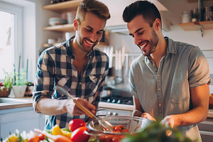 Young gay couple cooking healthy food in the kitchen, a Person Photo by AlyaAnd