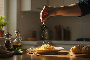 Man sprinkling grated cheese over a, a Photo by professorinc