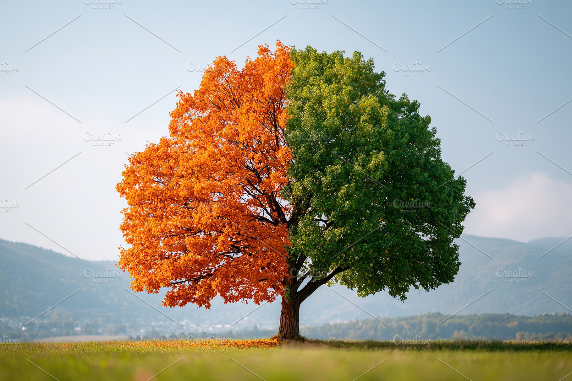 Half orange and half green tree in nature, a Nature Photo by AlyaAnd