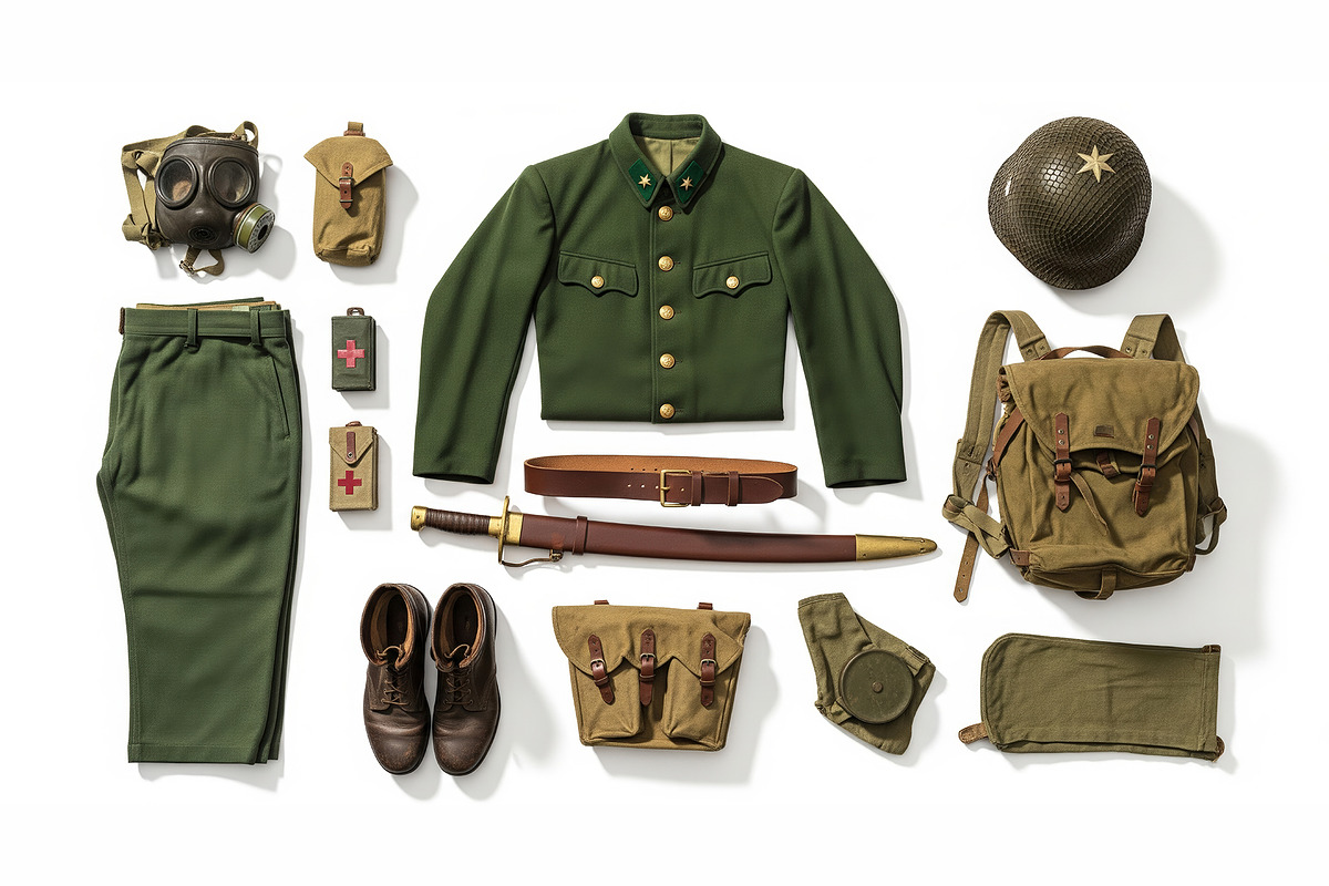 WWII Military Gear Flat Lay Pack, an Object Illustration by StockVerse Creative (Photo 1 of 3)
