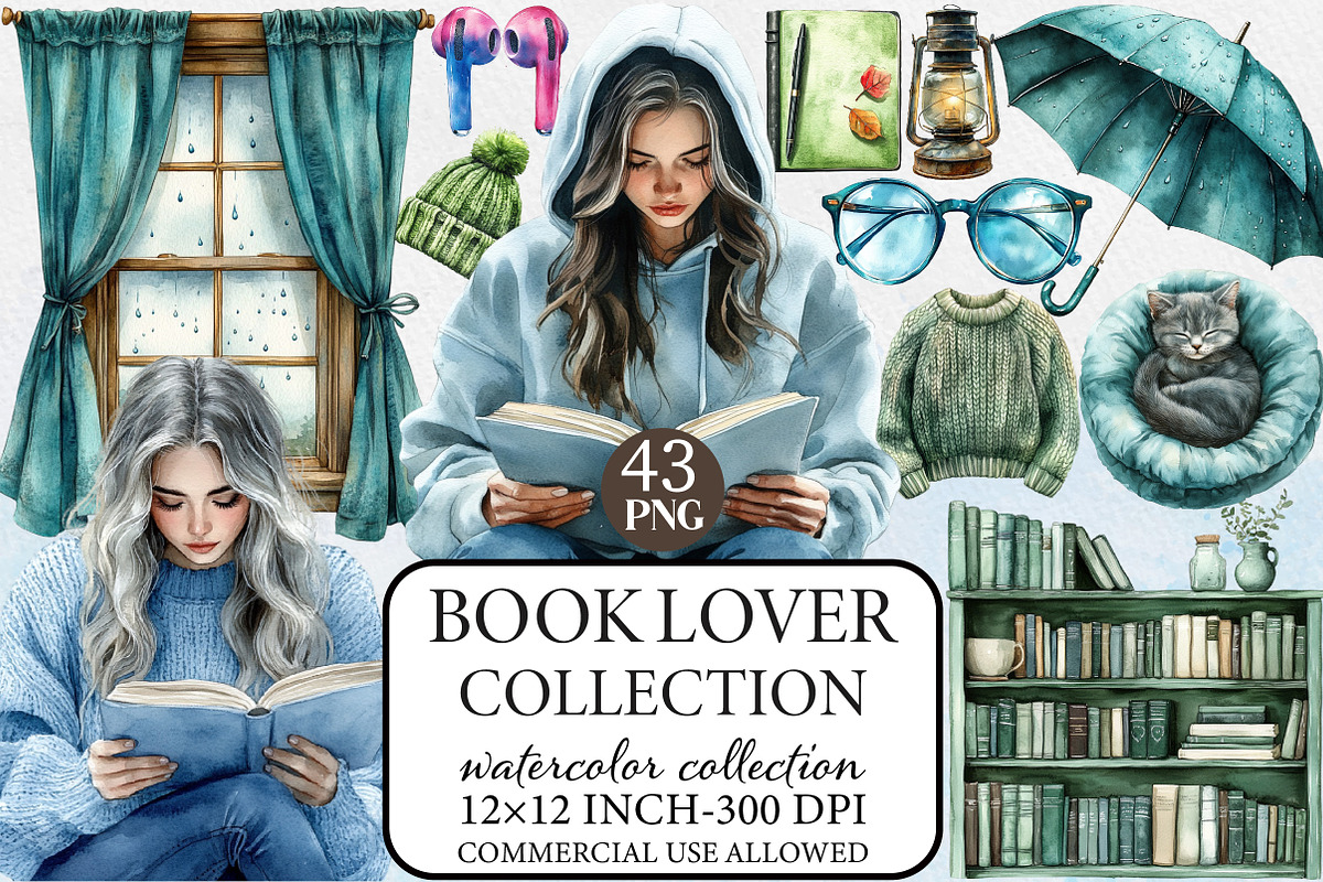 Book Lover Watercolor Clipart Collec, an Illustration by Libby Wishes (Photo 1 of 7)