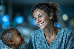 Smiling nurse interacting compassionately with a young patient i, a Health & Medical Photo by AS photostudio