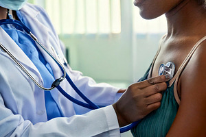 Patient being examined by a doctor using a stethoscope, a Health & Medical Photo by DanFLCreativo
