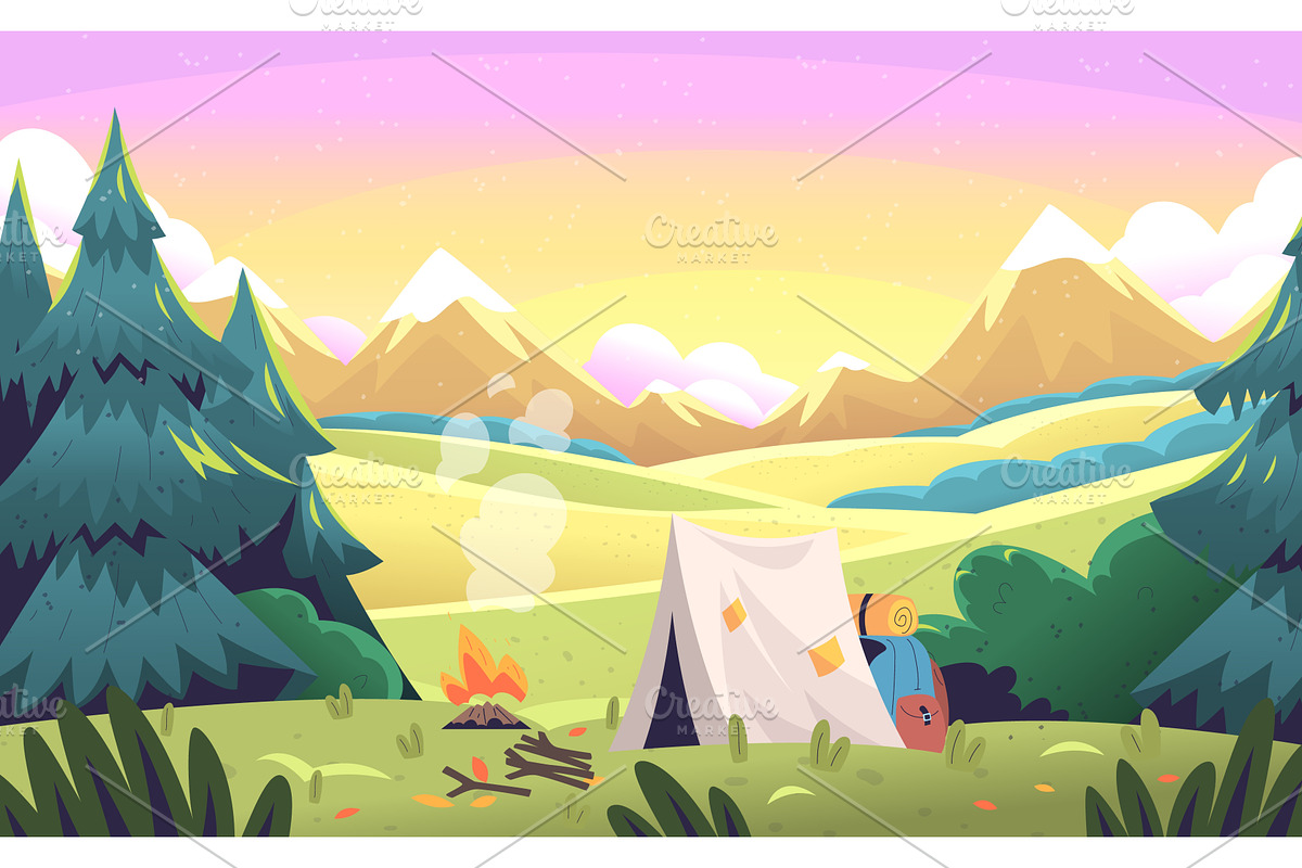 Mountain camping landscape. Camp, an Illustration by Stock-Smart-Start