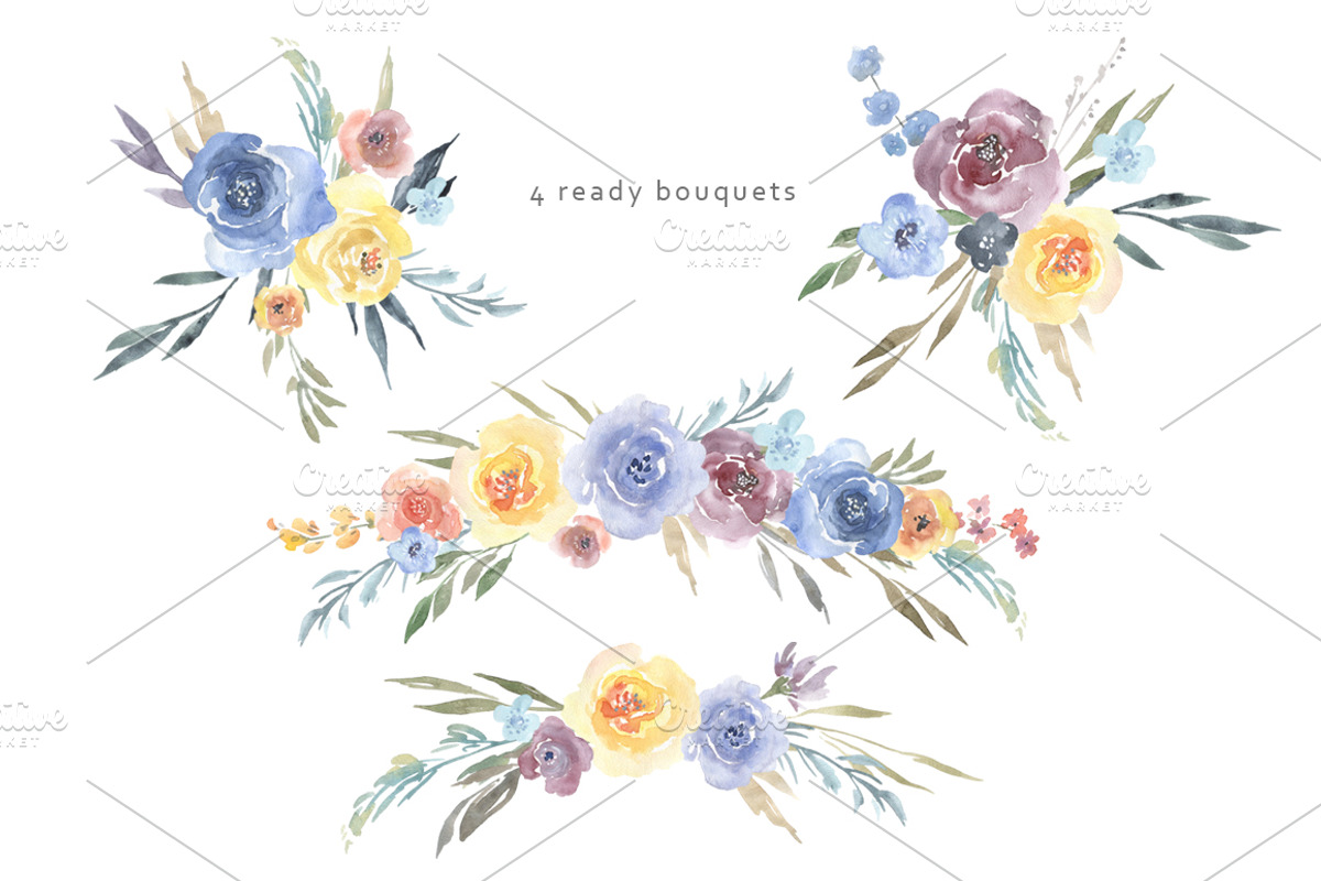 Watercolor Blue Yellow Flowers PNG, an Illustration by GraphicsDish (Photo 3 of 3)