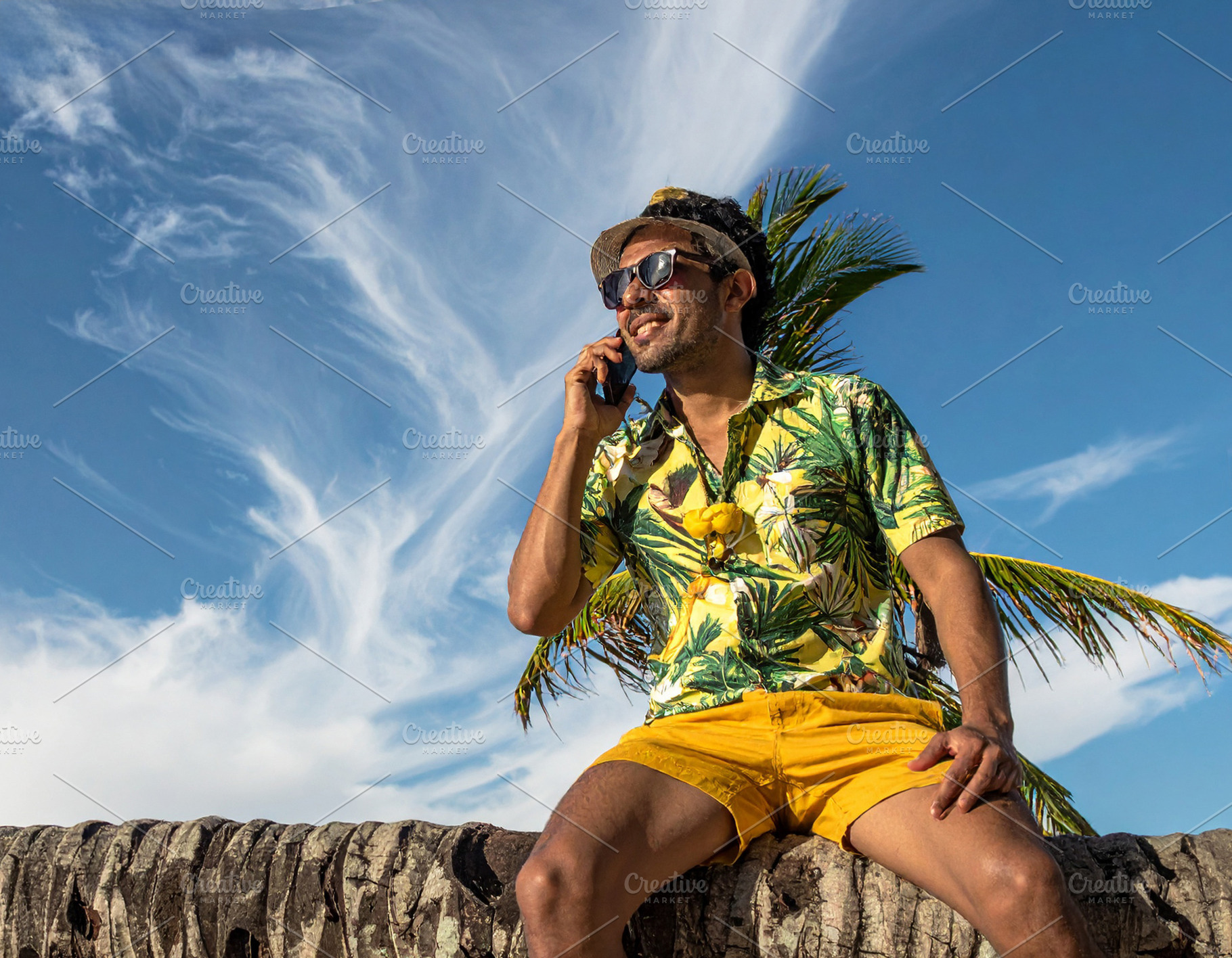 A young man sitting on palm tree using a mobile phone, a Person Photo by DanFLCreativo