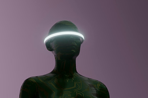 Green circuit humanoid with glowing circular visor