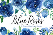 Blue Watercolor Roses Flowers Leaves, an Illustration by GraphicsDish (Thumbnail 1 of 3)