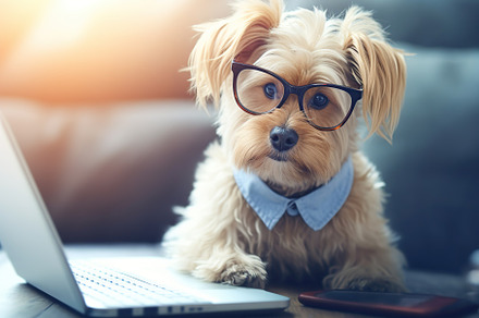 Cute dog in eyeglasses looking in laptop. Generative AI, an Animal Photo by AlyaAnd
