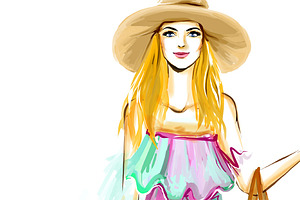 Watercolor Girl In Hat On White