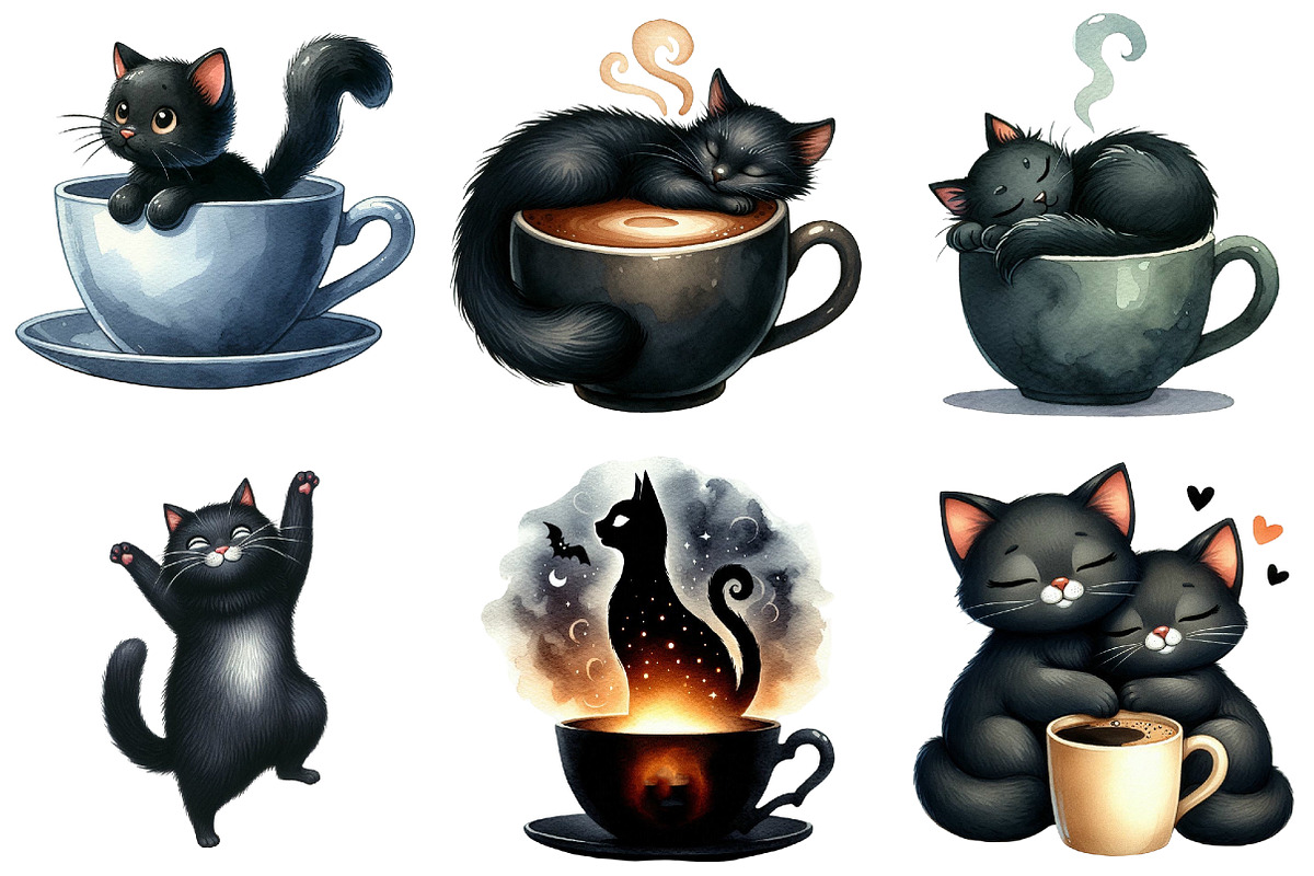 Cat Silhouette Love Coffee Clipart, an Illustration by Libby Wishes (Photo 4 of 12)