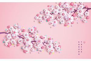 Cherry Sakura Branch Pink Paper Cut