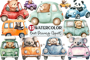 Watercolor Bear Driving Clipart, an Illustration by Rose Art