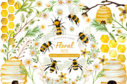 Watercolor Floral Bee Clipart, an Illustration by MockupWizard (Thumbnail 1 of 5)