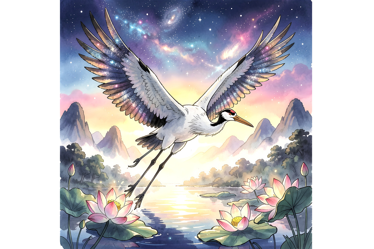 Crane and Lotus Illustration, an Animal Illustration by Sharon Schwalbe (Photo 2 of 4)