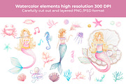 Mermaid watercolor pattern set, an Animal Illustration by WatercolorElena (Thumbnail 4 of 11)