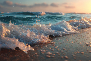 Ocean waves crashing on sandy beach, a Photo by Pixeness Studio
