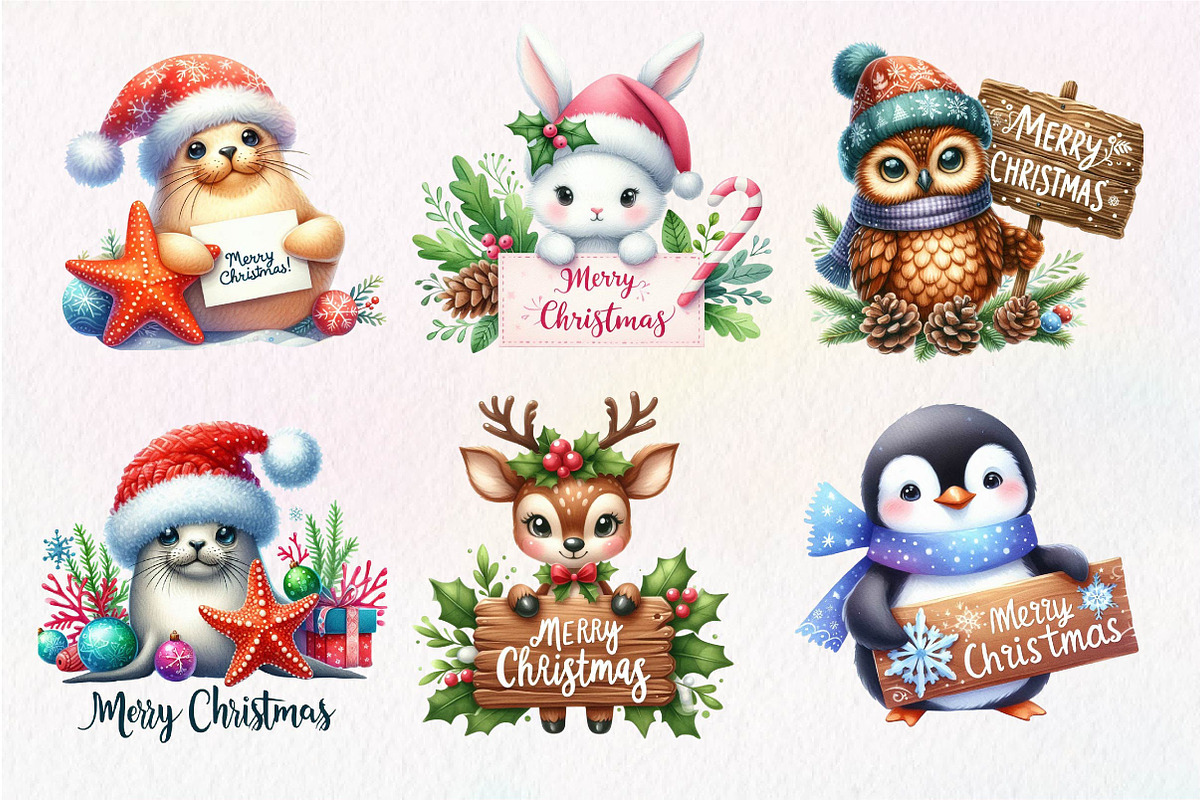 Merry Christmas Animals Clipart, an Illustration by Dream Creation (Photo 2 of 7)