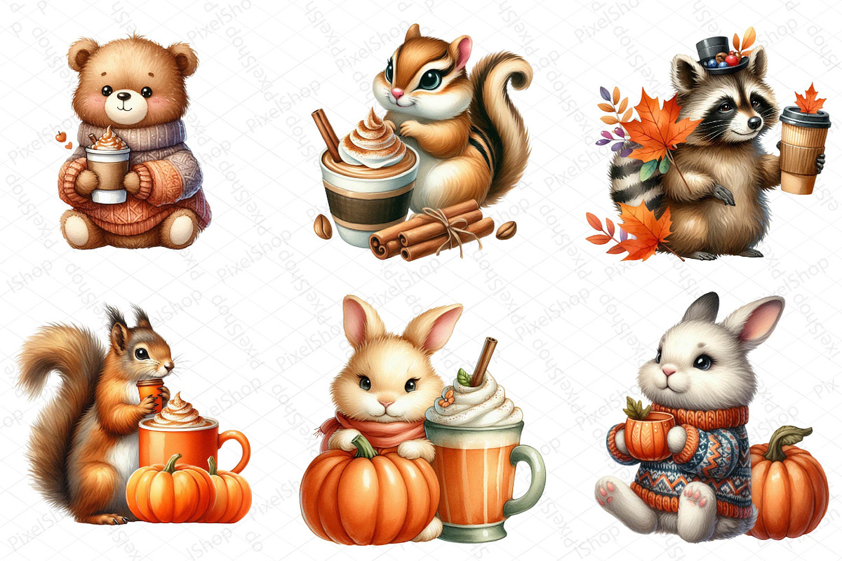 Fall Coffee Animals Clipart, an Illustration by DreamPrint404 (Photo 2 of 5)