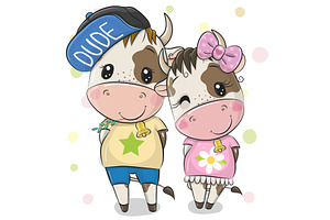 Cartoon Cow And Bull On A White